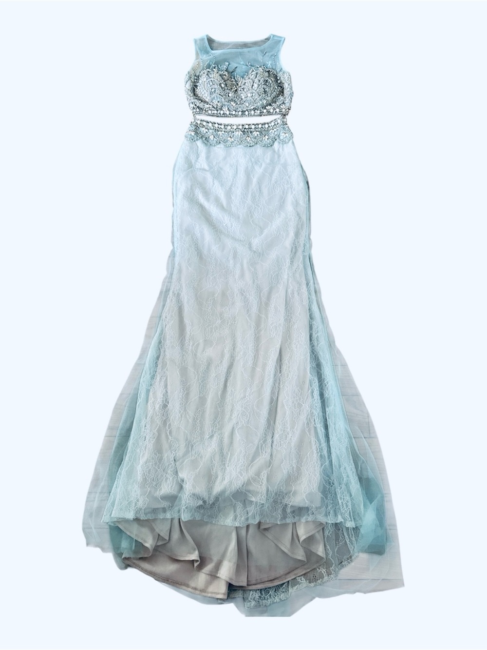 COLORS Dress light blue heavily beaded rhinestone lace mermaid skirt cropped top